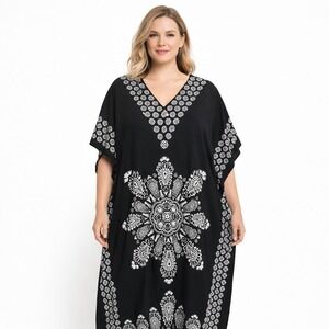 Gypsy Blue Black White Medallion Kaftan Maxi Dress Cover Up Plus Size